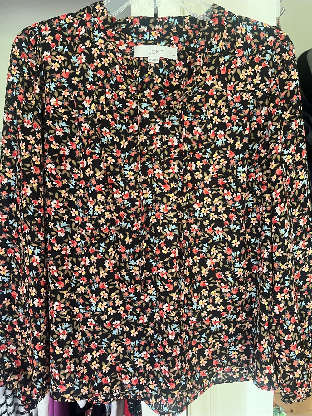 LOFT Black Floral Blouse with Coral, Blue and Cream Blossoms